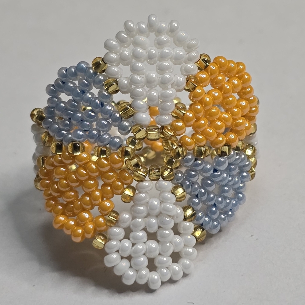 Handmade Yellow Blue White Beaded Flower Ring New Size 11